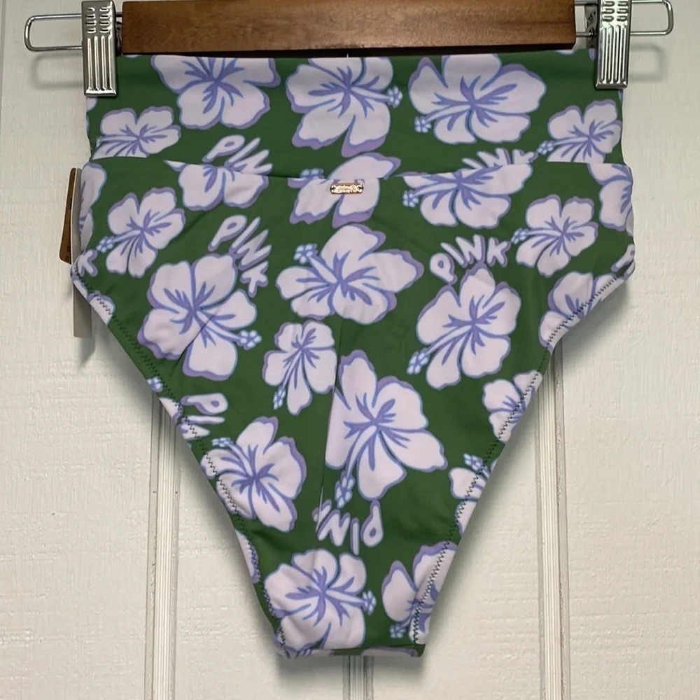 VS Pink V Crossover High-Waist Bikini Bottom Forest Pine Hibiscus
